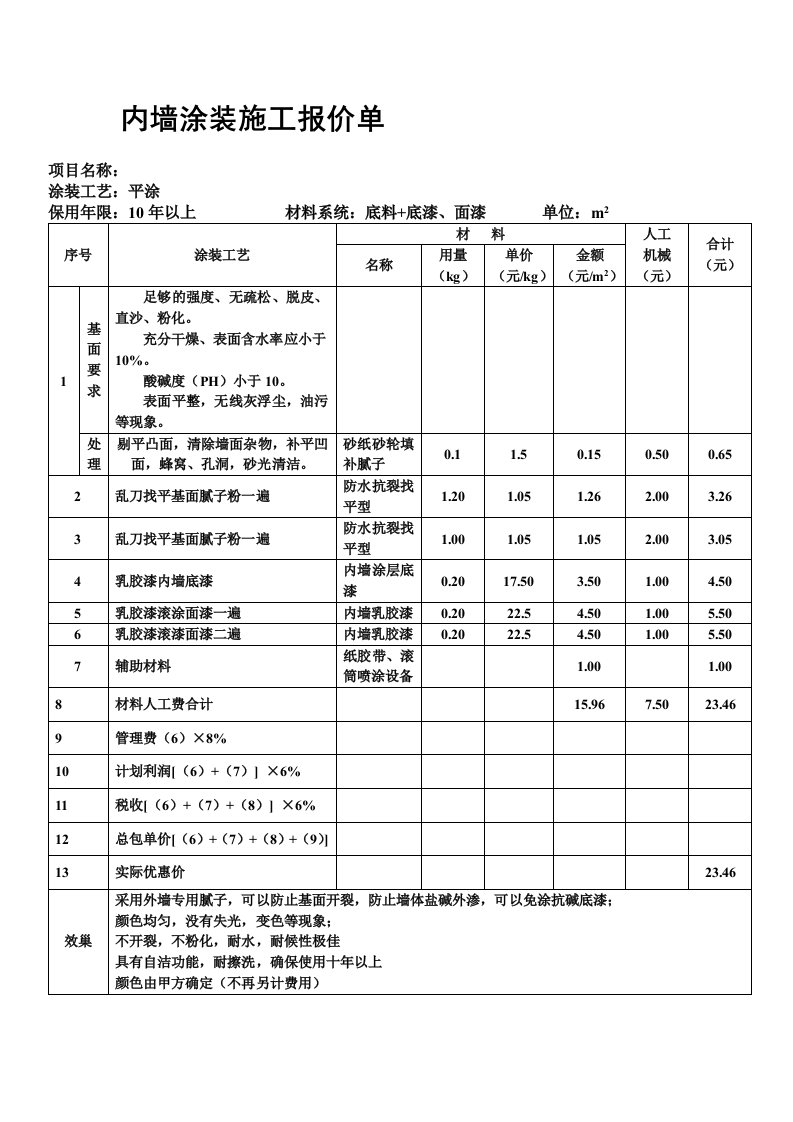 内墙涂装施工报价单