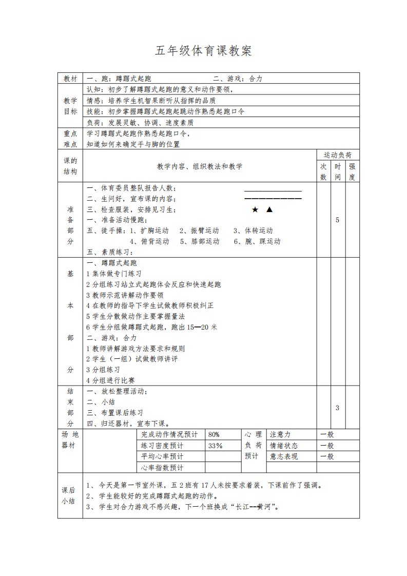 小学五年级体育课教案全集