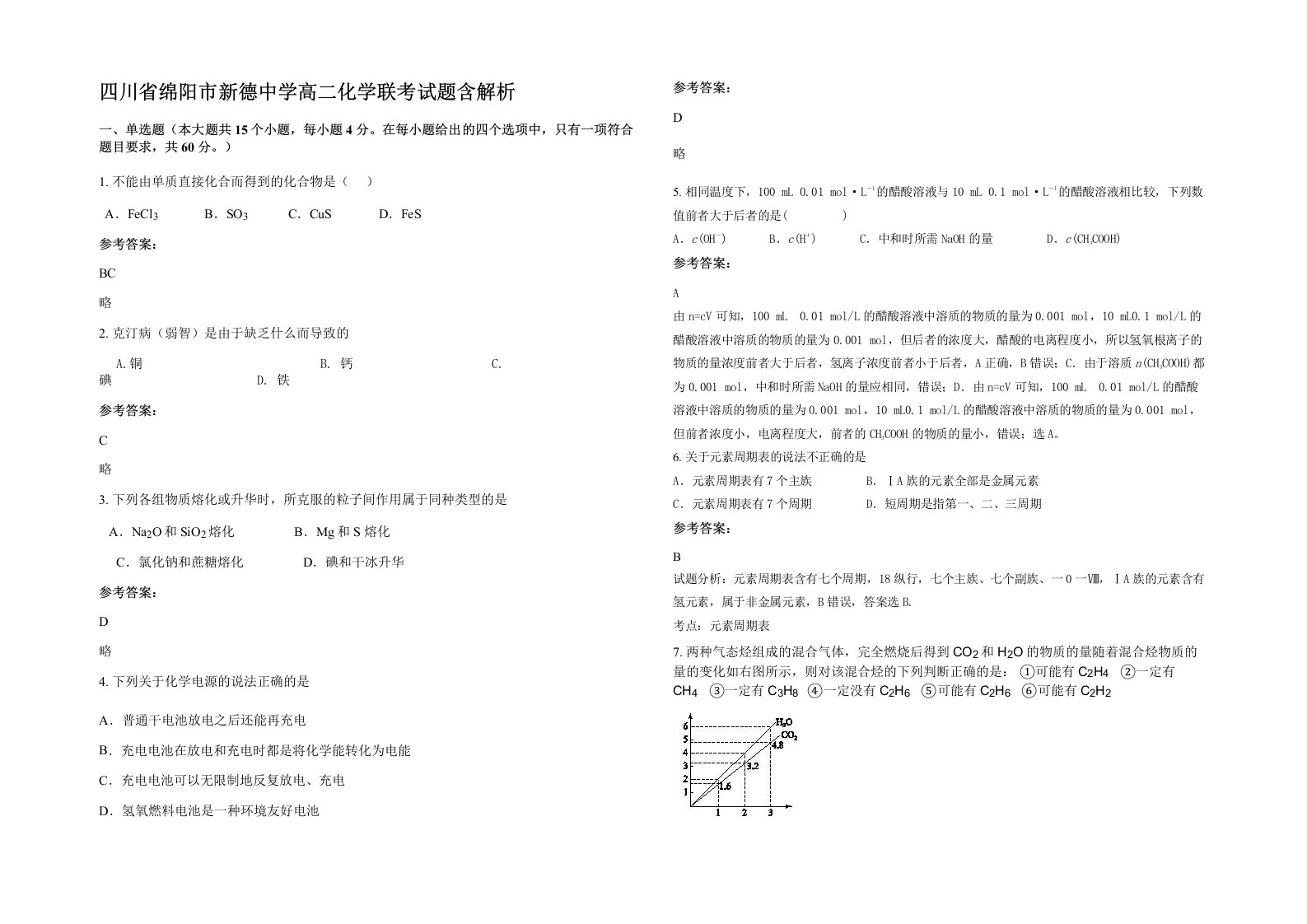 四川省绵阳市新德中学高二化学联考试题含解析