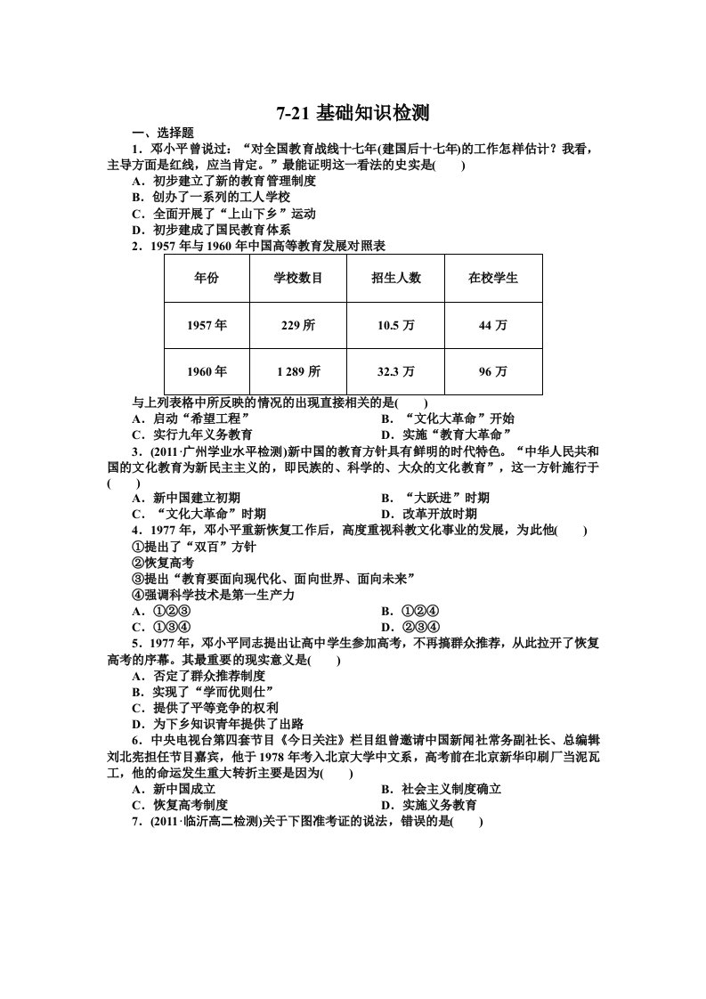 高二历史必修3全册同步检测7-21