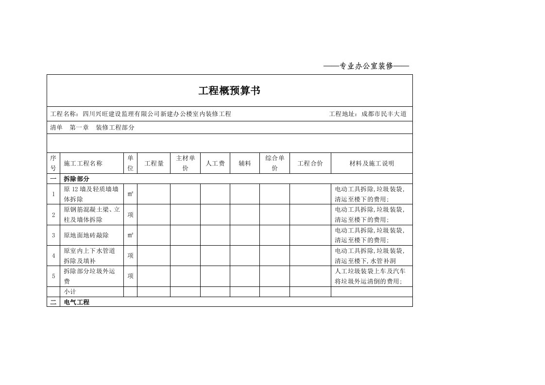 工装预算表