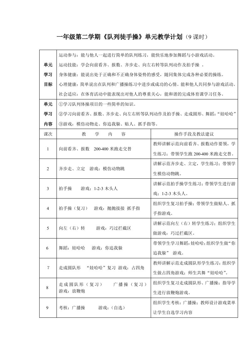 一年级第二学期《队列徒手操》单元教学计划