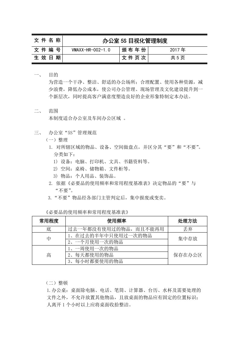 公司办公室5S目视化管理制度