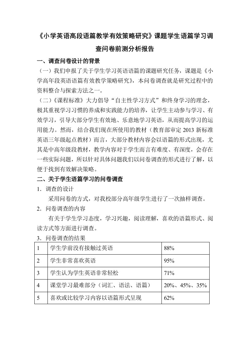 《小学英语高段语篇教学有效策略研究》课题学生语篇学习调查问卷前测分析报告