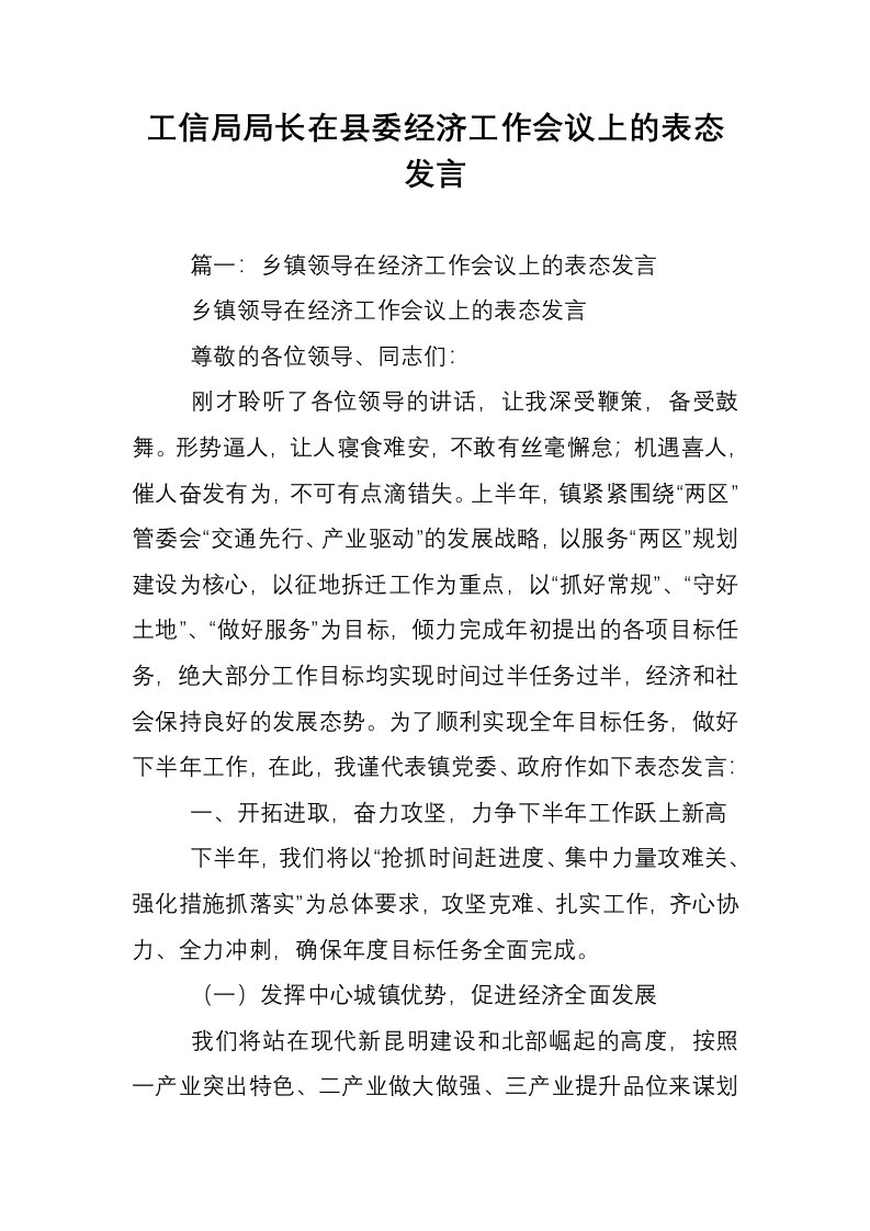 工信局局长在县委经济工作会议上的表态发言