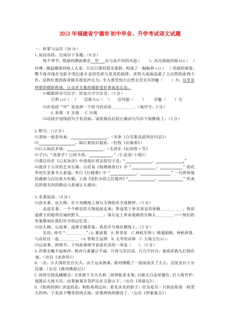 福建省宁德市2013年中考语文真题试题