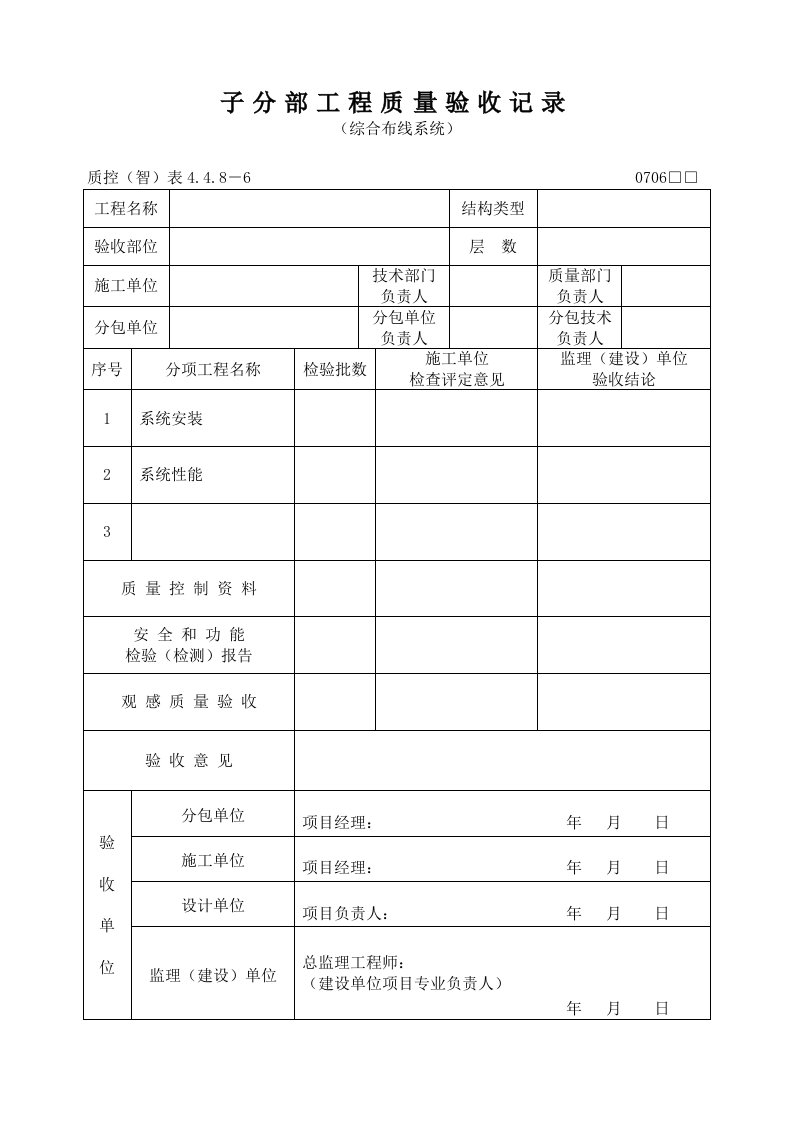 《某电信工程质量验收记录表全套》(57个文件)省标：子分部工程质量验收记录（综合布线系统）-质量检验