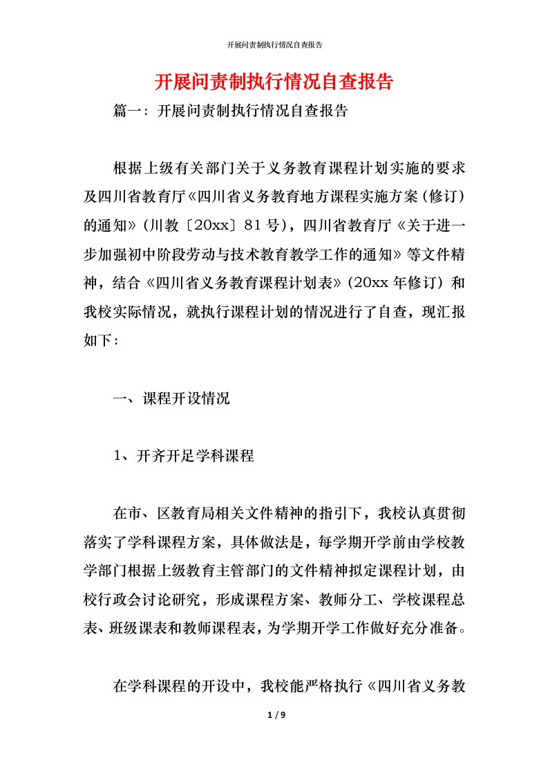 精编2021开展问责制执行情况自查报告