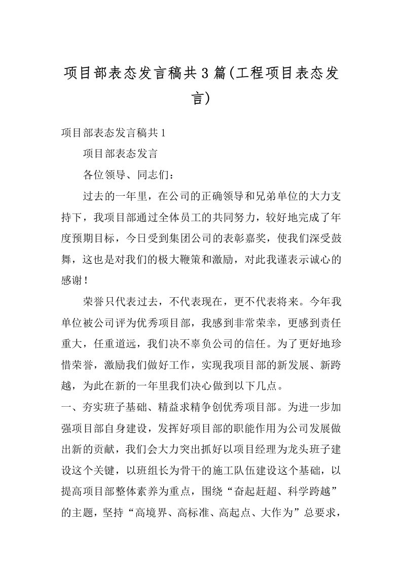 项目部表态发言稿共3篇(工程项目表态发言)