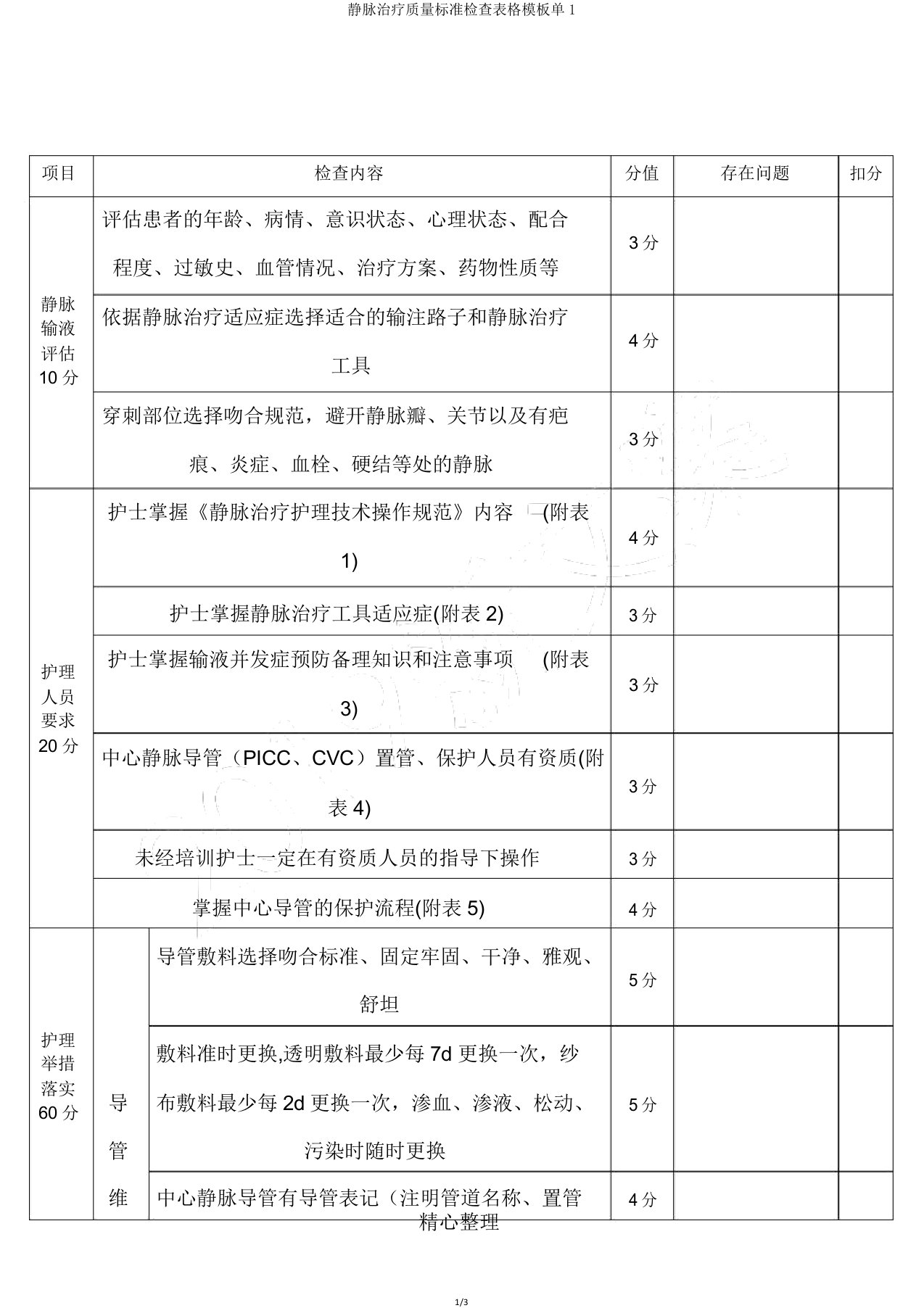 静脉治疗质量标准检查表格模板单1