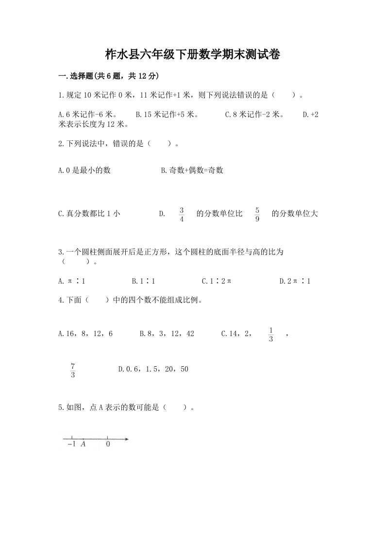 柞水县六年级下册数学期末测试卷（历年真题）