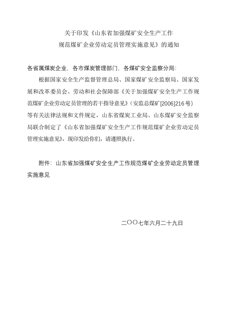 山东省加强煤矿安全生产工作规范煤矿企业劳动定员管理实施意见