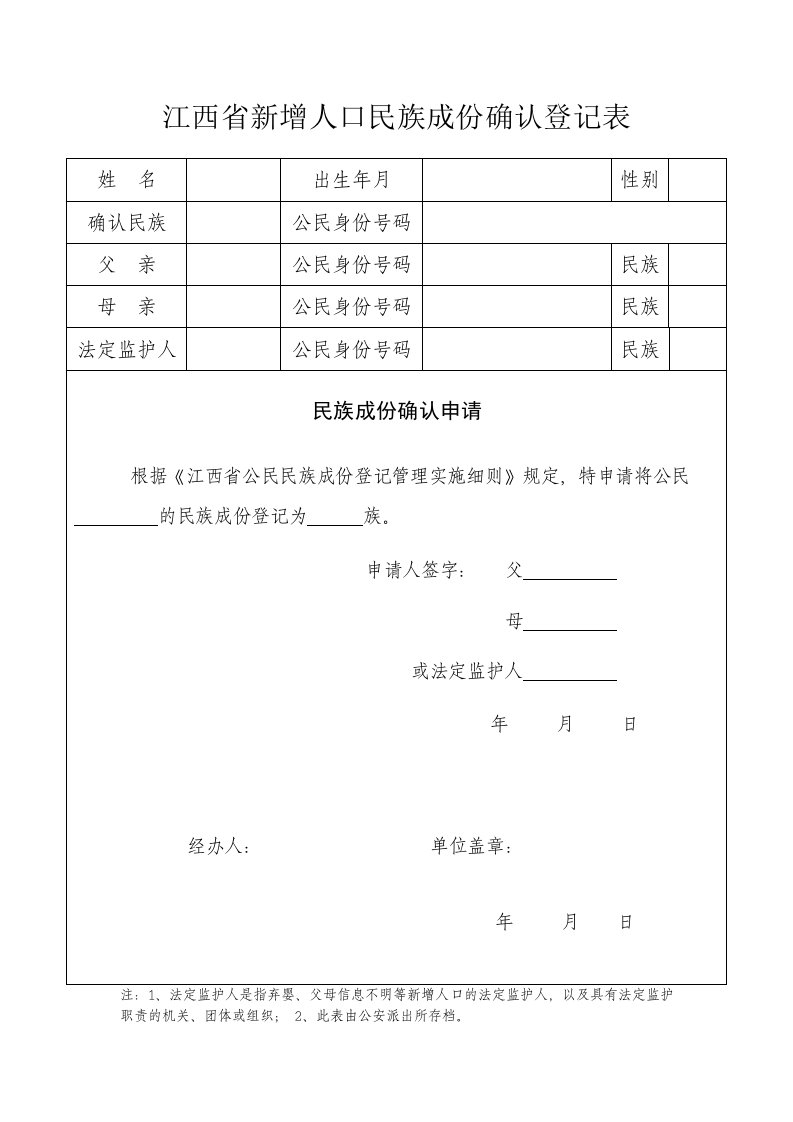 江西新增人口民族成份确认登记表