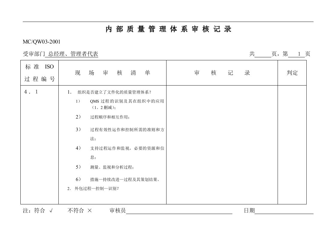 内部质量体系审核记录