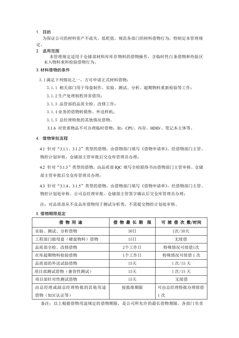 仓库物料外借管理规定