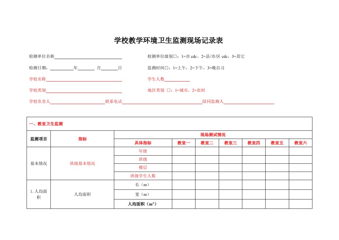 学校环境监测现场记录表