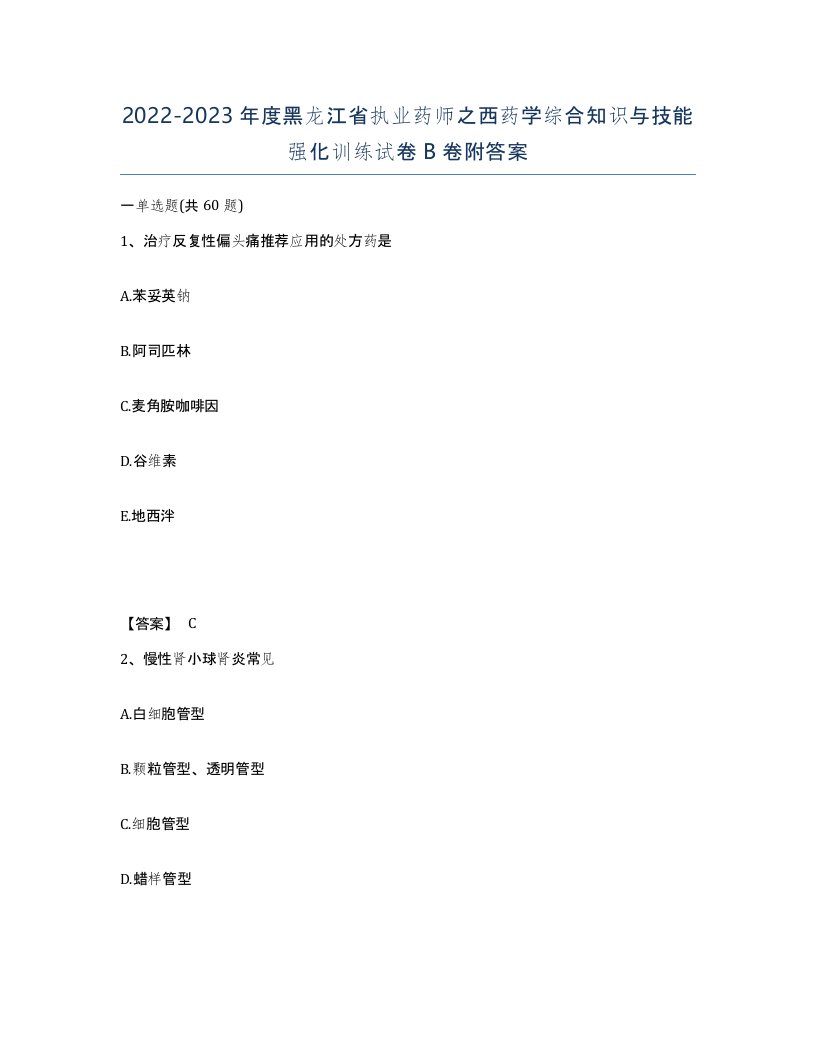 2022-2023年度黑龙江省执业药师之西药学综合知识与技能强化训练试卷B卷附答案