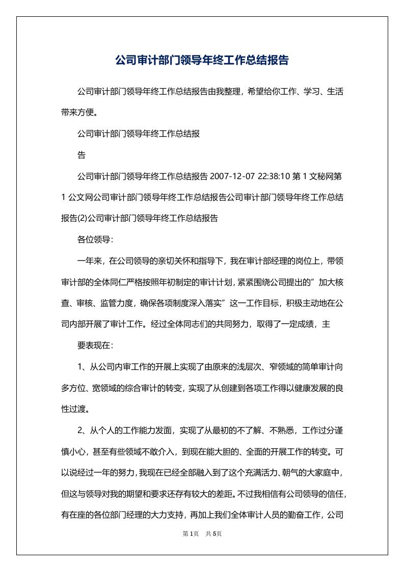 公司审计部门领导年终工作总结报告