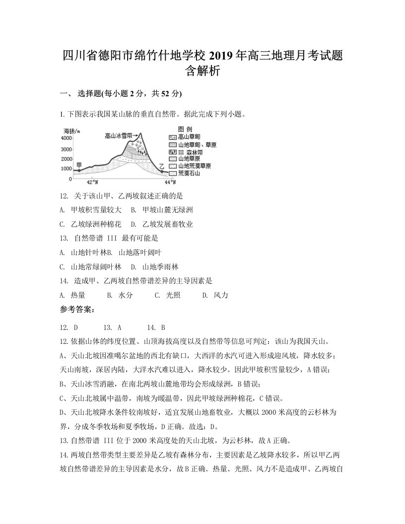 四川省德阳市绵竹什地学校2019年高三地理月考试题含解析