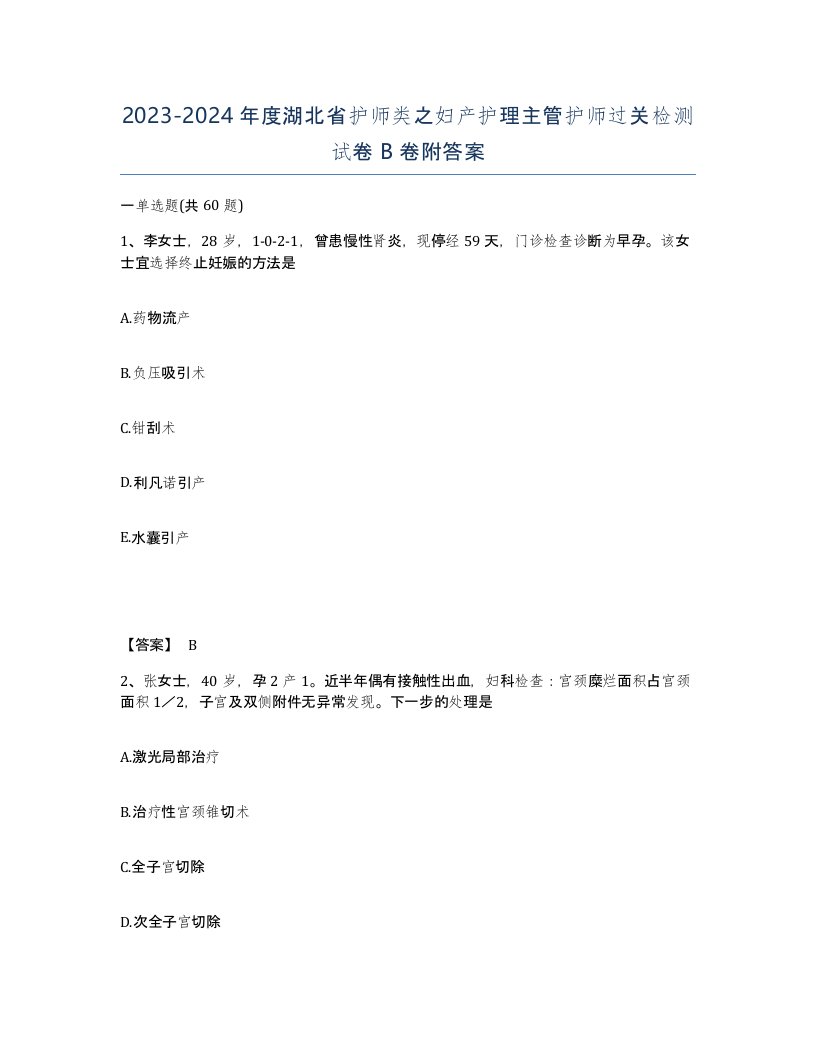 2023-2024年度湖北省护师类之妇产护理主管护师过关检测试卷B卷附答案