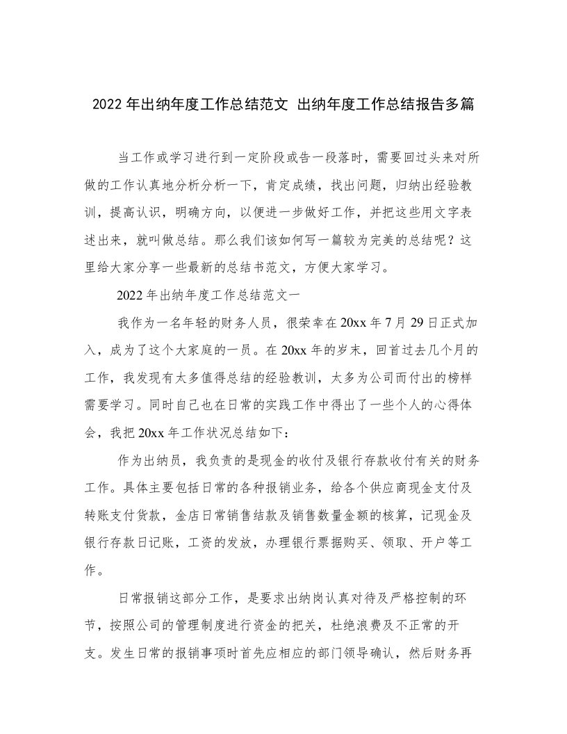 2022年出纳年度工作总结范文