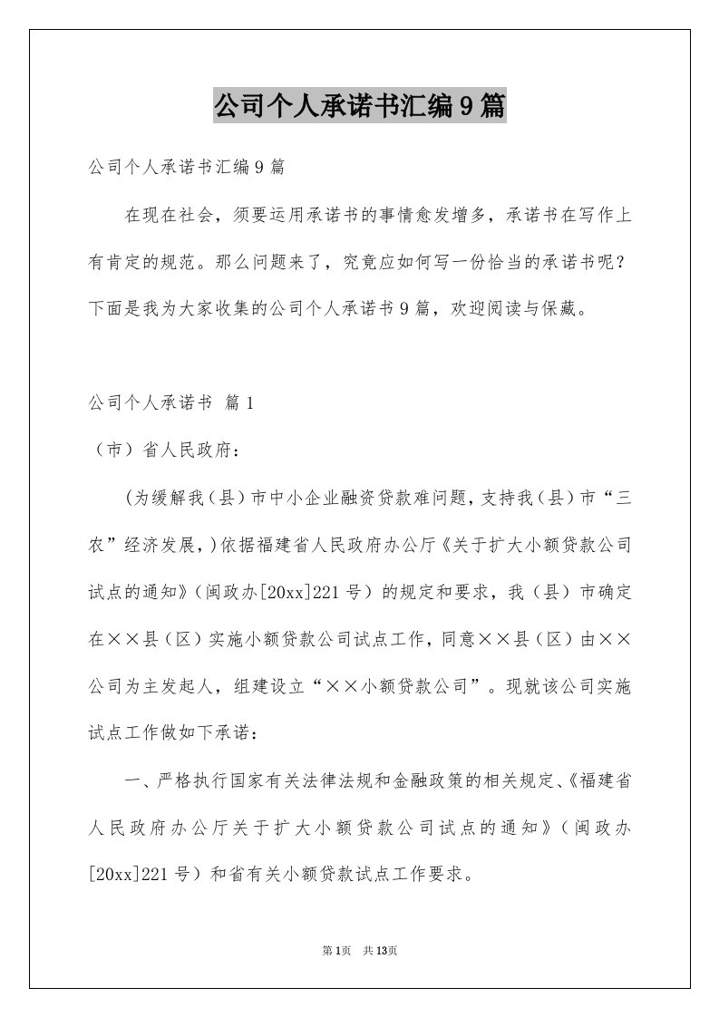 公司个人承诺书汇编9篇