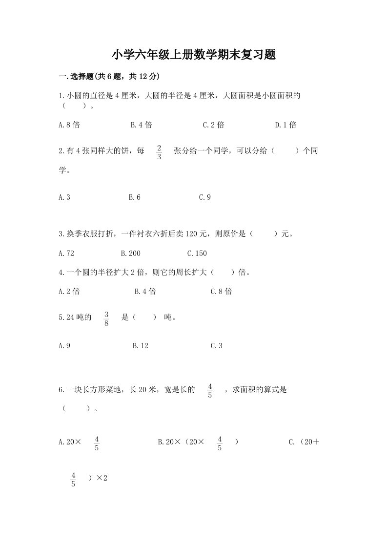 小学六年级上册数学期末复习题附解析答案