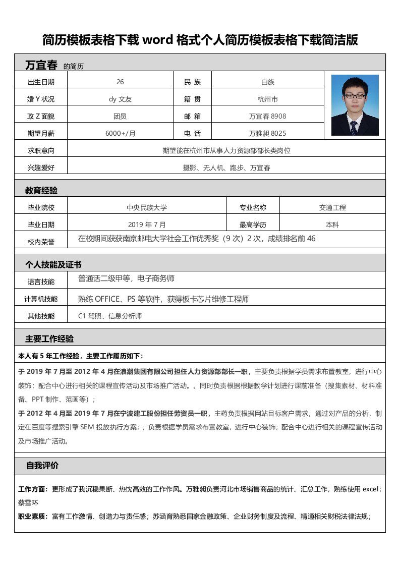 简历模板表格下载word格式个人简历模板表格下载简洁版