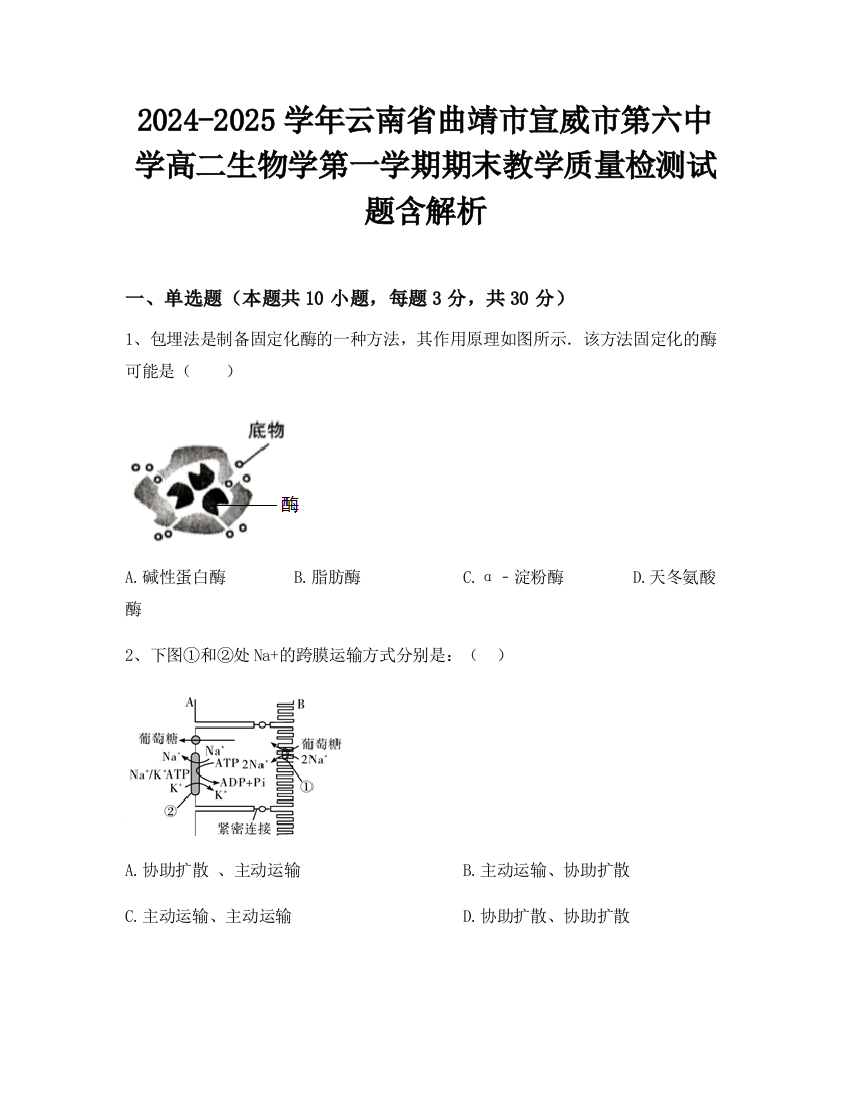 2024-2025学年云南省曲靖市宣威市第六中学高二生物学第一学期期末教学质量检测试题含解析