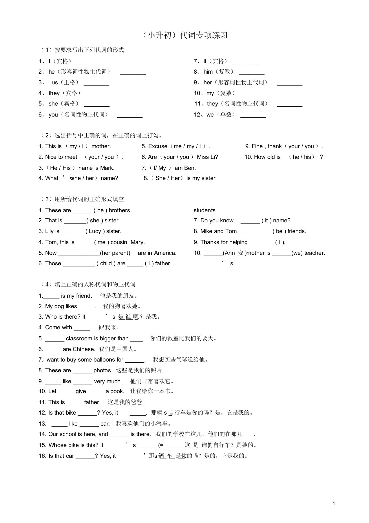 (小升初)代词专项练习含答案