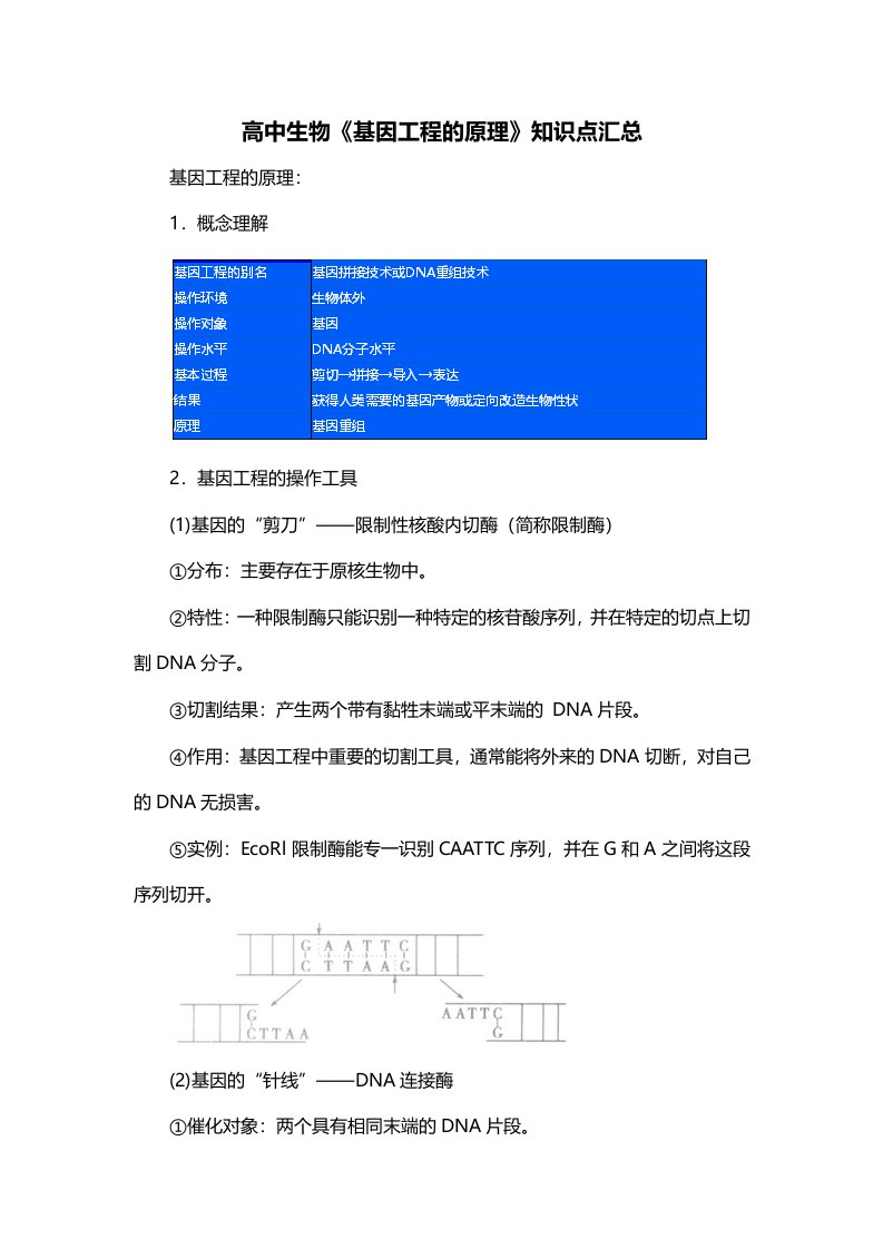 高中生物基因工程的原理知识点汇总