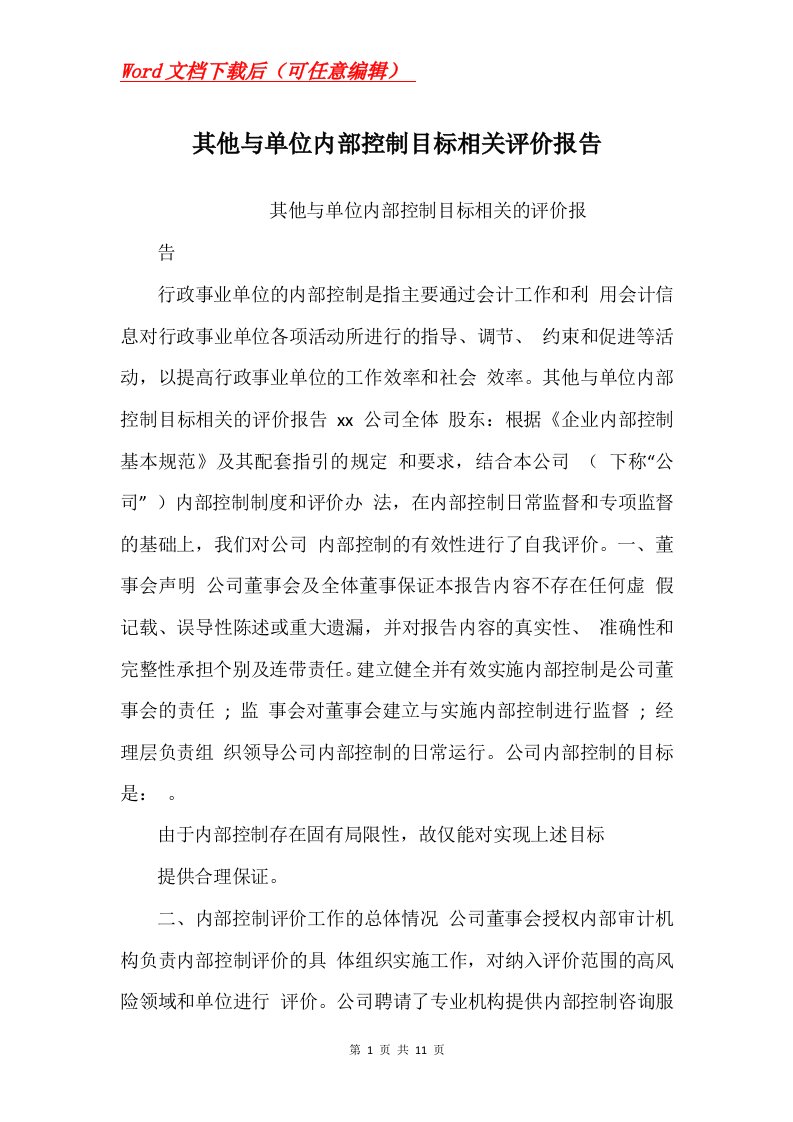 其他与单位内部控制目标相关评价报告