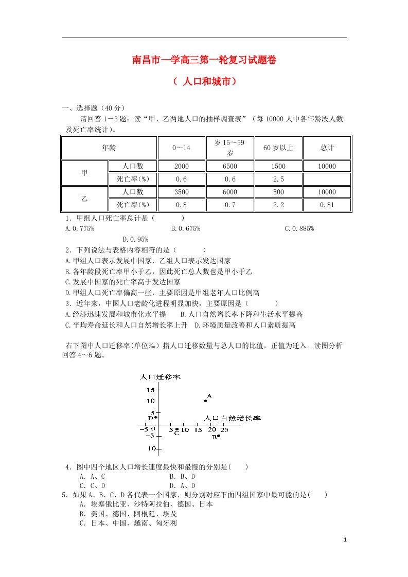 江西省南昌市高三地理第一轮复习测试试题（人口和城市）新人教版