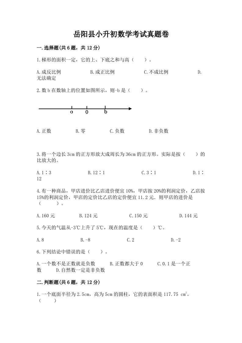 岳阳县小升初数学考试真题卷推荐