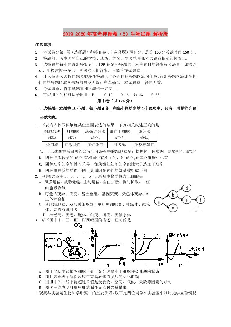 2019-2020年高考押题卷（2）生物试题