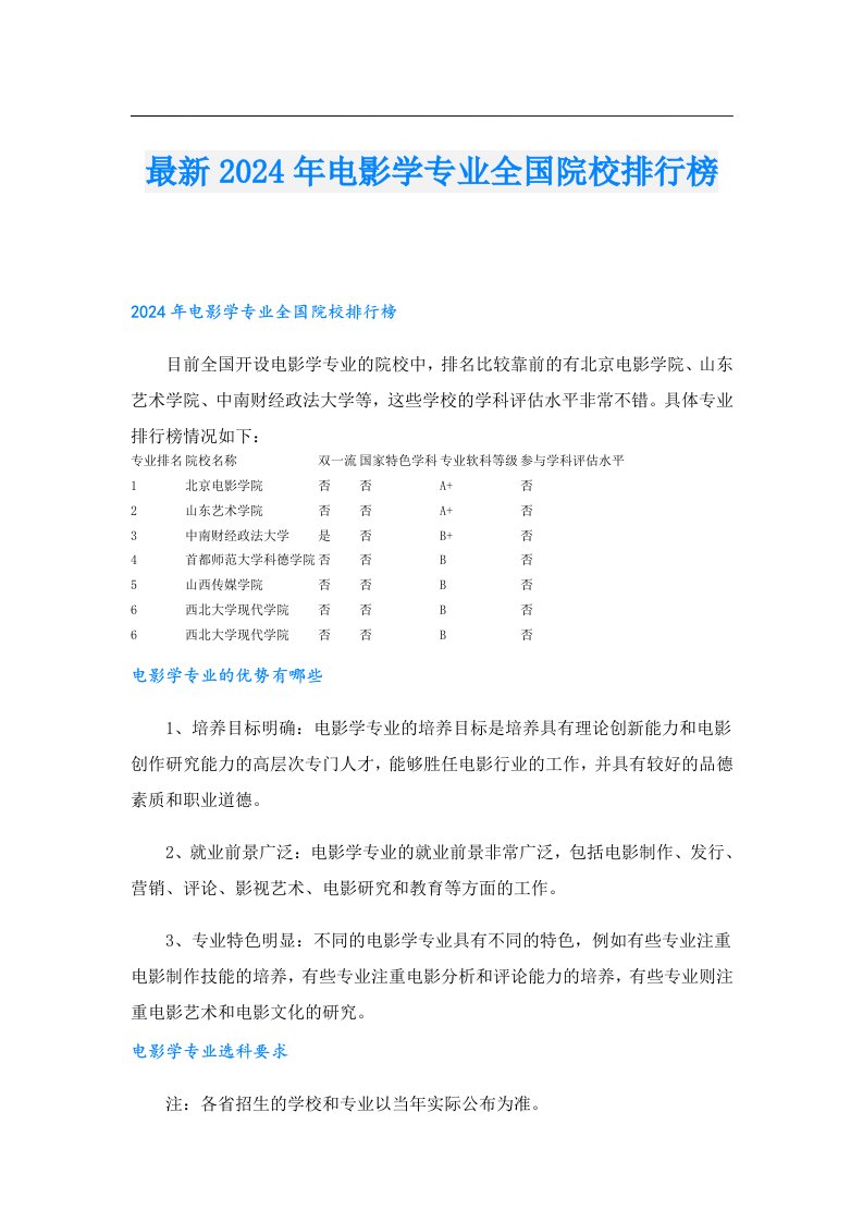 最新2024年电影学专业全国院校排行榜