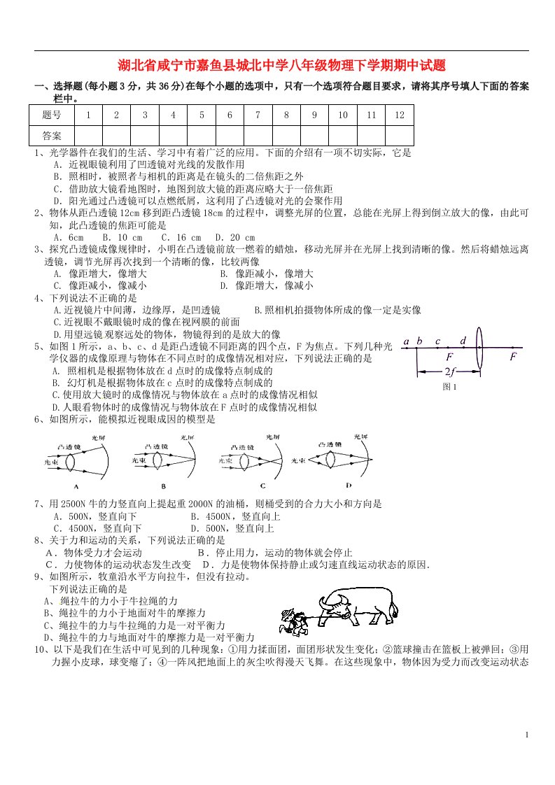 湖北省咸宁市嘉鱼县城北中学八级物理下学期期中试题