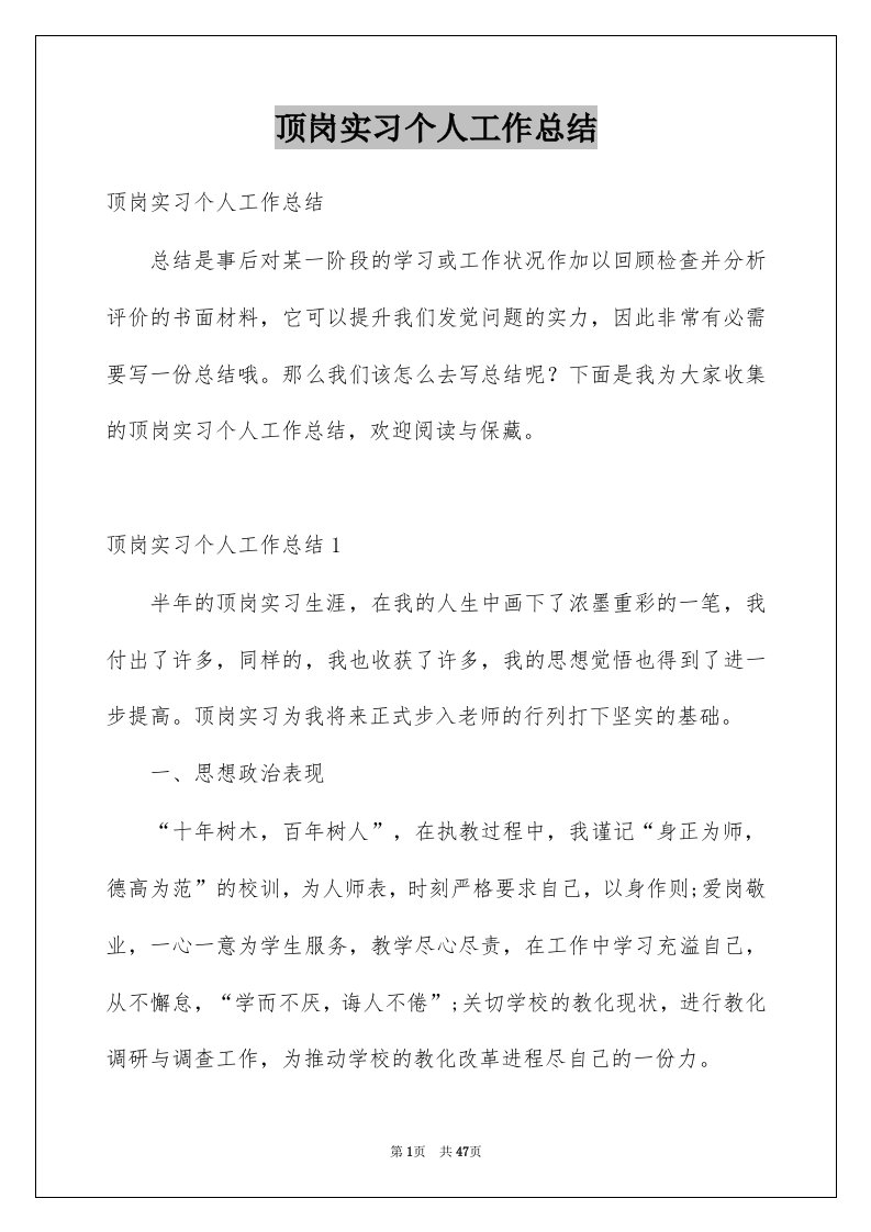 顶岗实习个人工作总结例文1