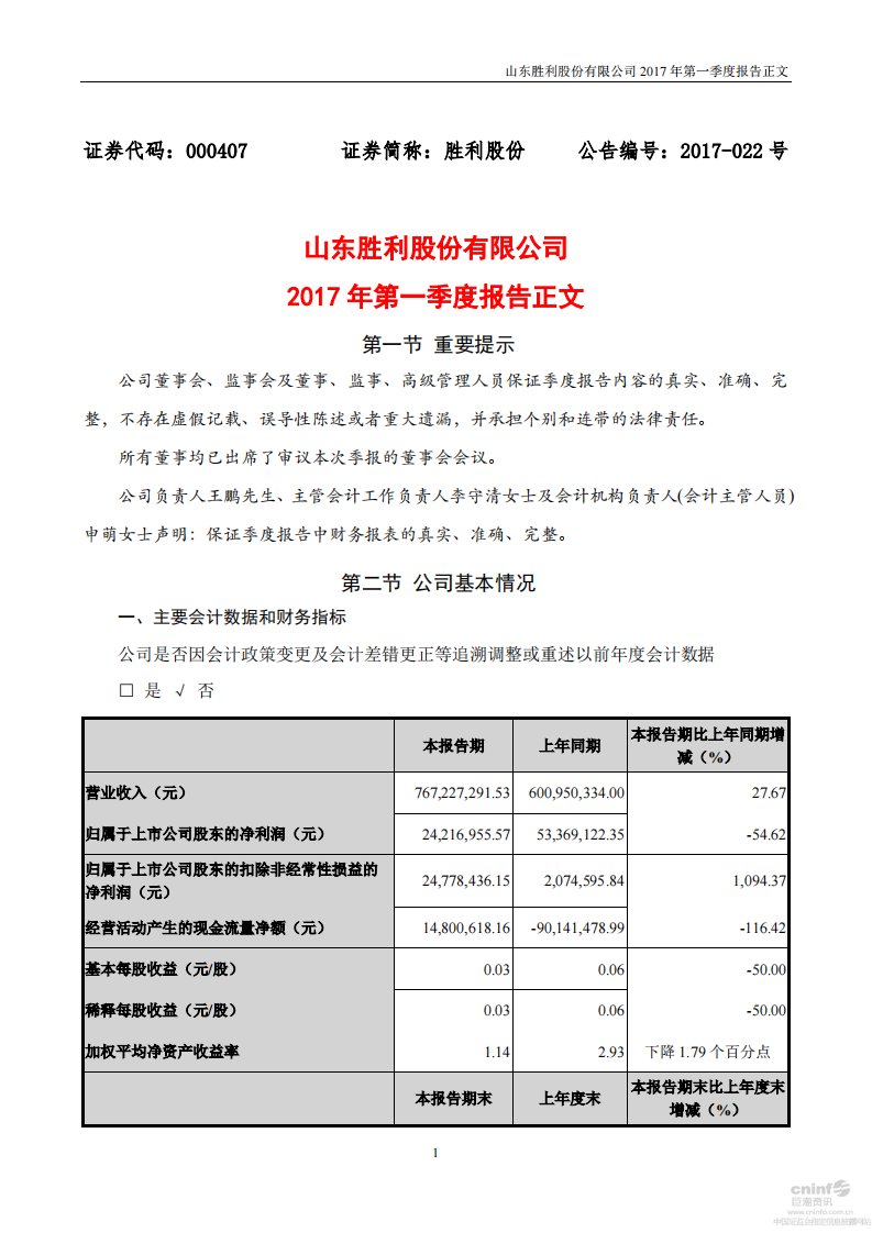 深交所-胜利股份：2017年第一季度报告正文-20170422