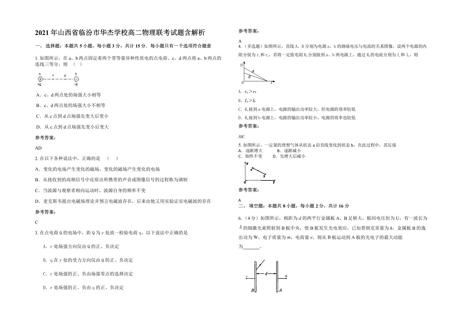 2021年山西省临汾市华杰学校高二物理联考试题含解析