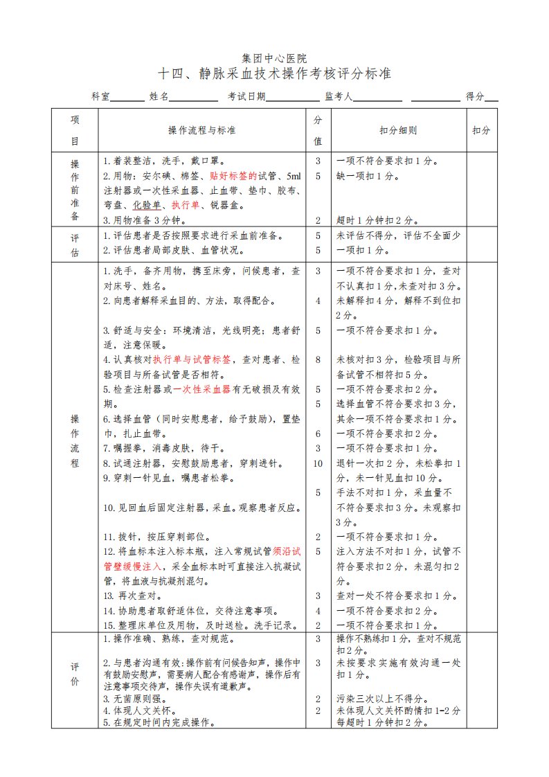 静脉采血操作考核评分标准