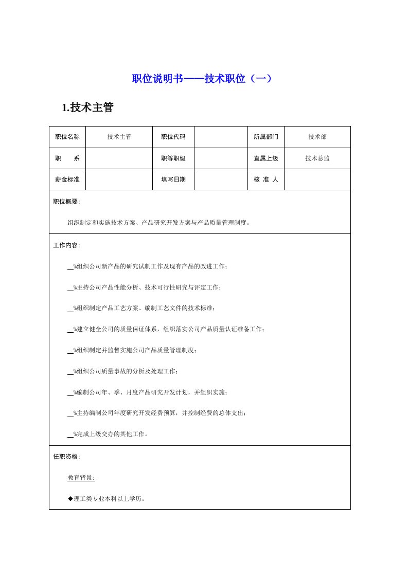 某企业技术岗位职务说明