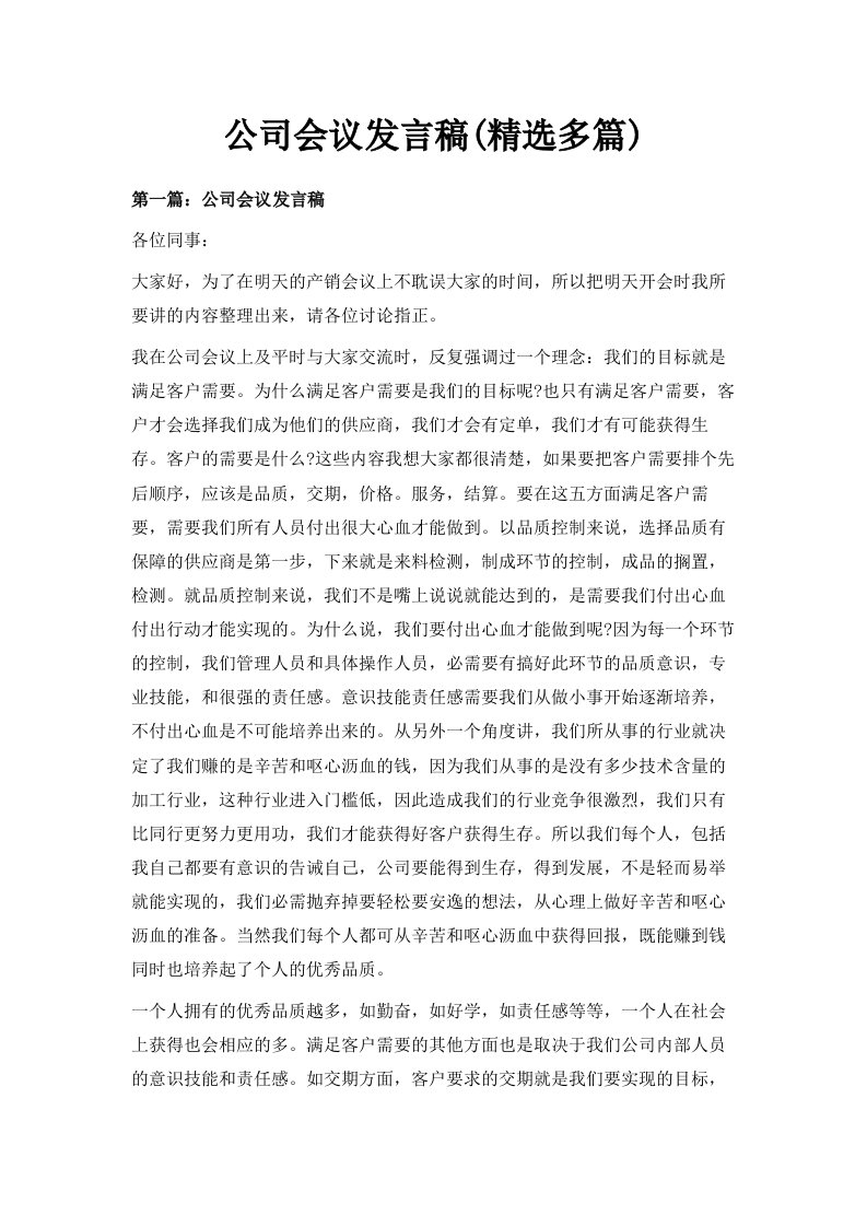 公司会议发言稿精选多篇