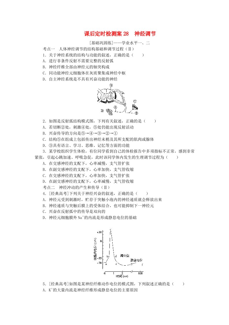 2024版新教材高考生物全程一轮总复习课后定时检测案28神经调节