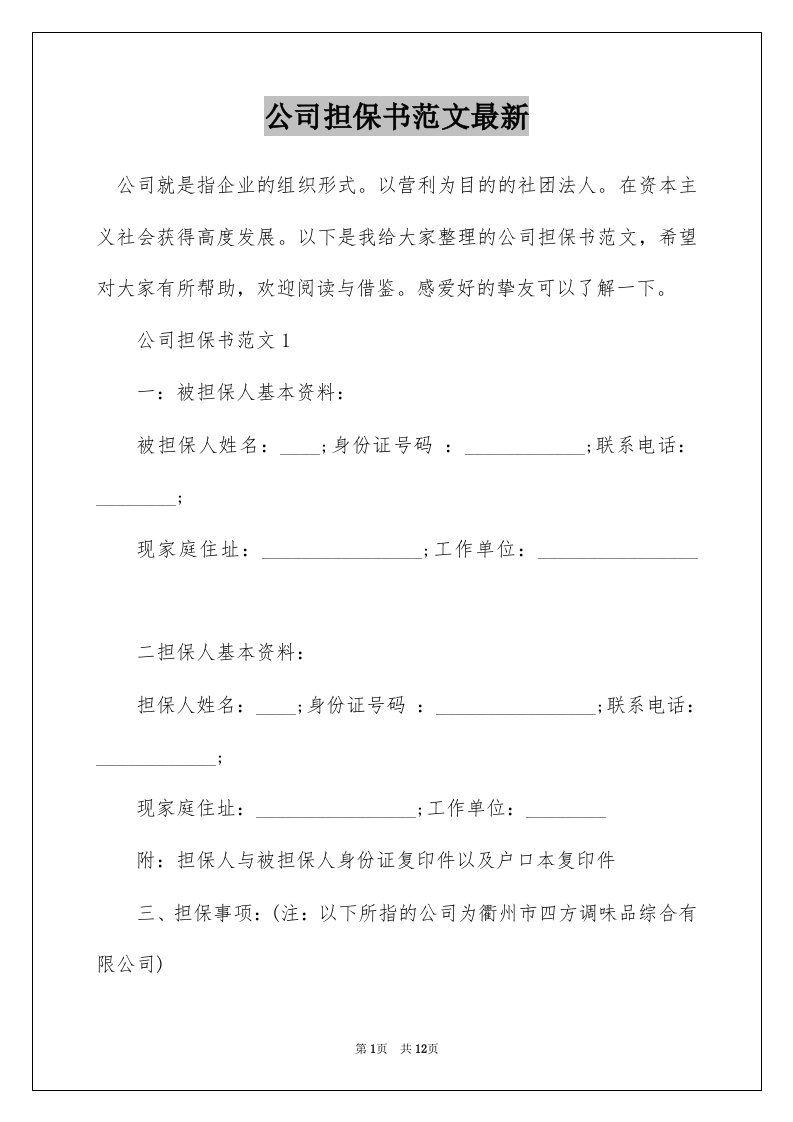 公司担保书范文最新