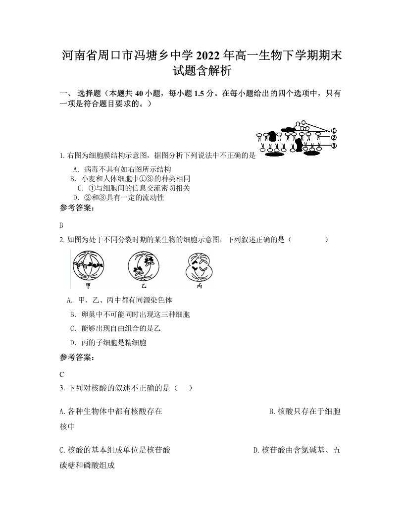 河南省周口市冯塘乡中学2022年高一生物下学期期末试题含解析