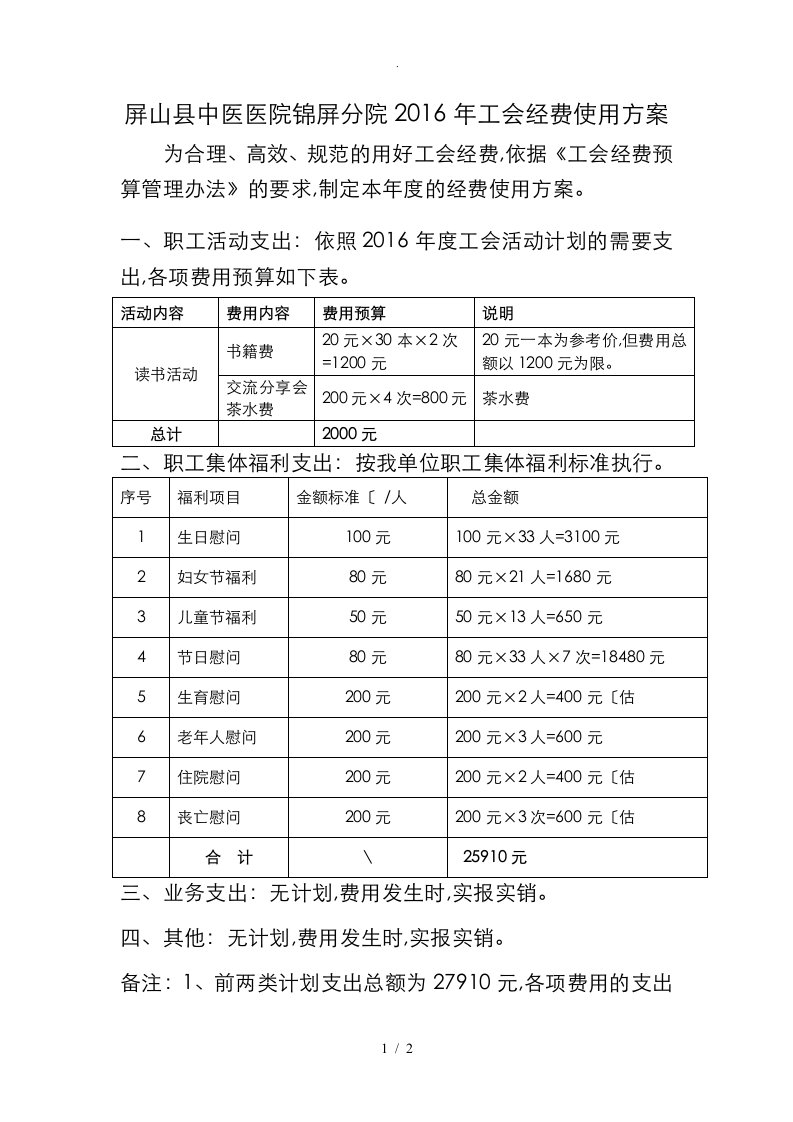 2016基层单位工会经费使用方案(预算)