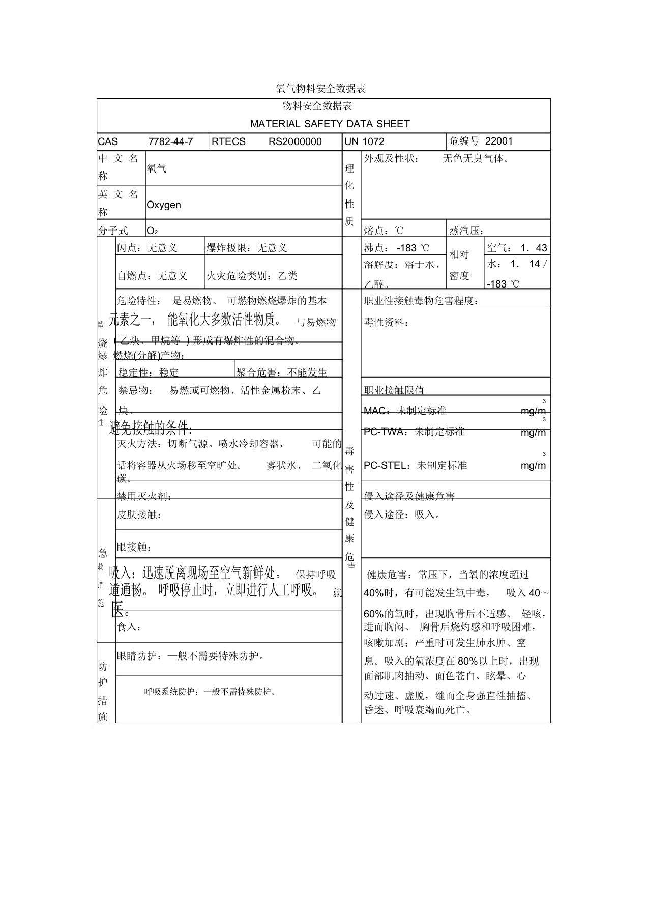 氧气安全数据表