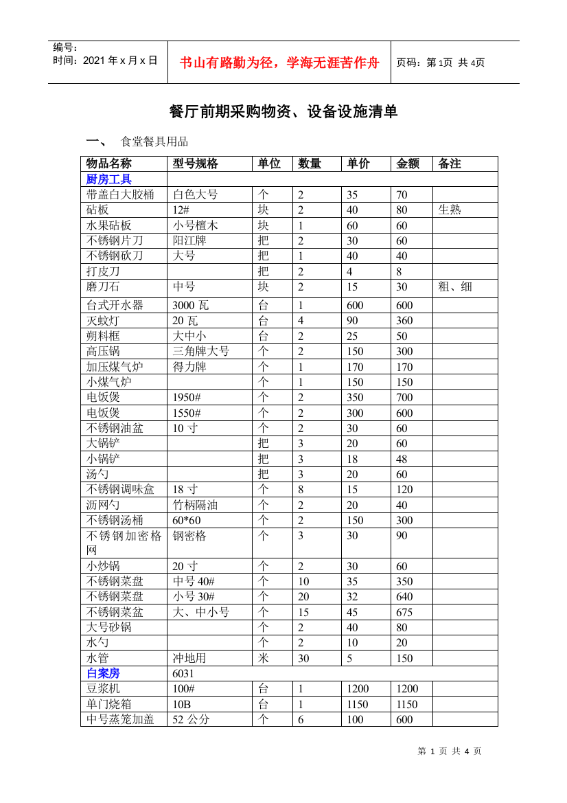 厨房设备物品清单