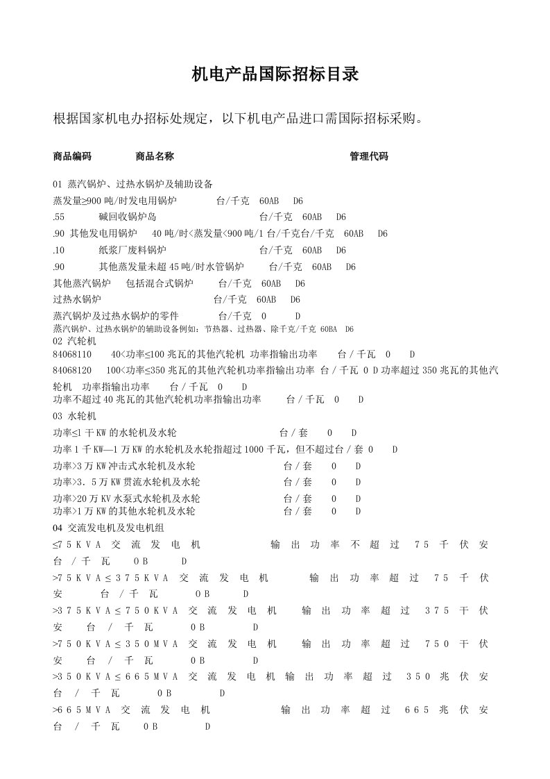 招标投标-机电产品国际招标目录根据国家机电办招标处规定，以下机电产品